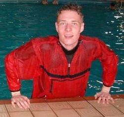 pool side push-up in wet anorak